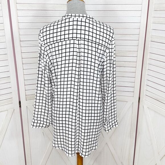 Worthington Windowpane Check Chiffon V Neck Blouse White Black Medium - Picture 4 of 11
